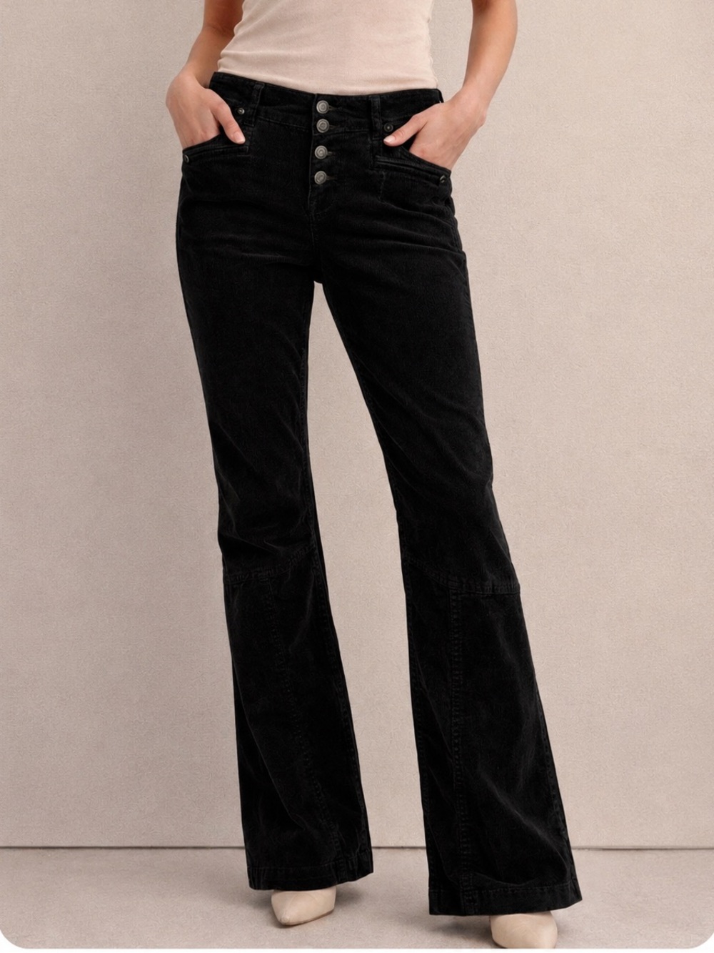 Free People Black Velvet Slim‎ Flare Pants Size 28 Mid Rise Button Fly Boho Y2K